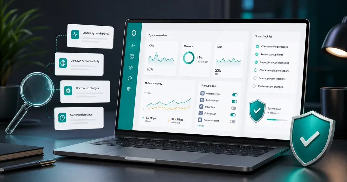 Premium GuardPick hero showing a calm Windows PC diagnostic dashboard with scan checklist, network activity cards, and teal shield