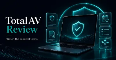 Premium GuardPick review hero for TotalAV with laptop, shield, invoice, renewal calendar, checklist, and alternatives cards