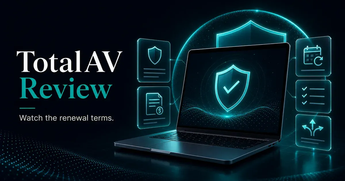 Premium GuardPick review hero for TotalAV with laptop, shield, invoice, renewal calendar, checklist, and alternatives cards