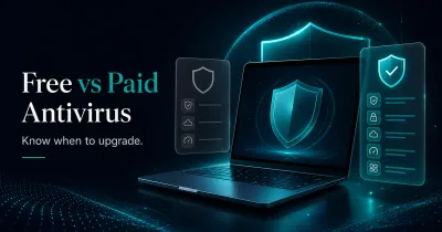 Premium GuardPick comparison hero for free versus paid antivirus with laptop, shield, and upgrade decision cards